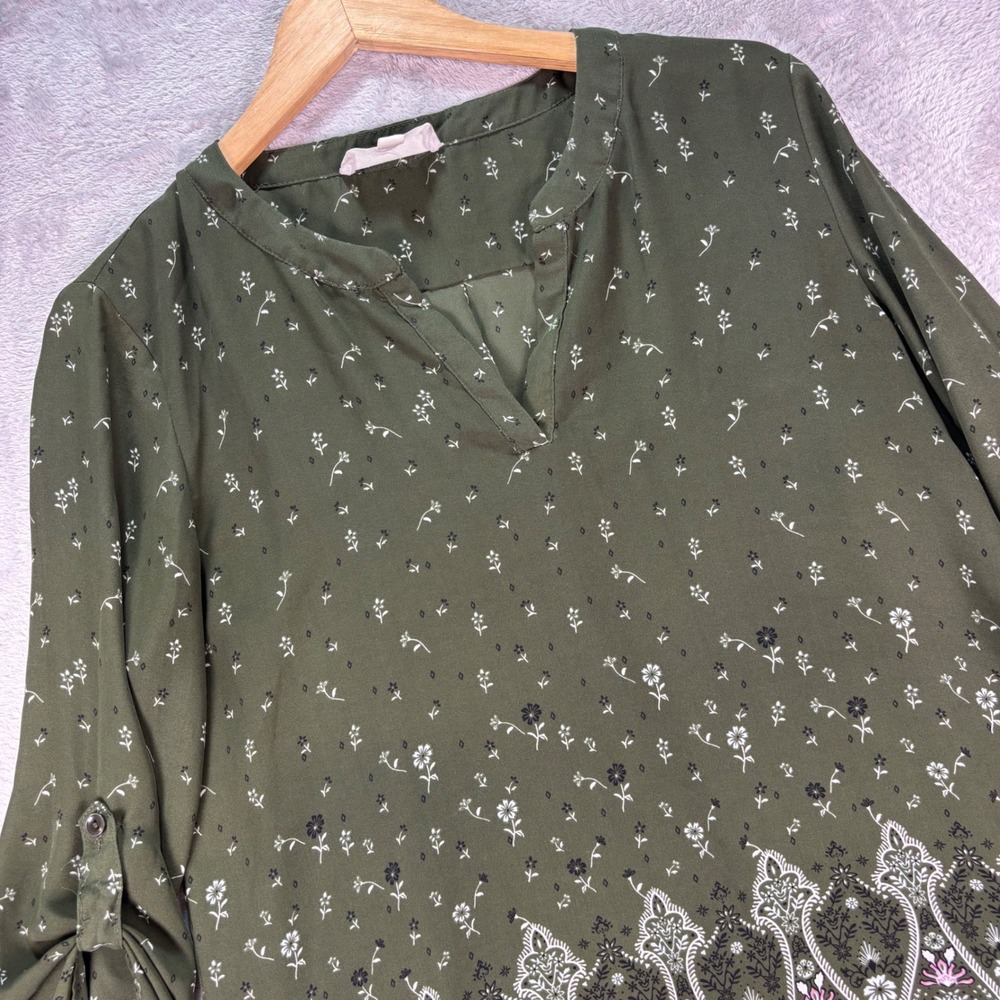 Pink Republic Women's‎ Green Border Print Blouse Boho Floral 3/4 Sleeve Sz M